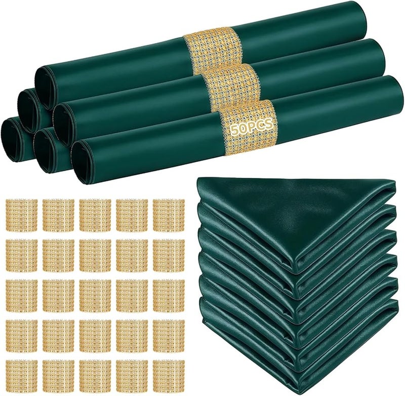 مناديل ساتان أخضر داكن مع حلقات كريستال ذهبية مجموعة 30x30 سم للمناسبات والولائم - Image 1